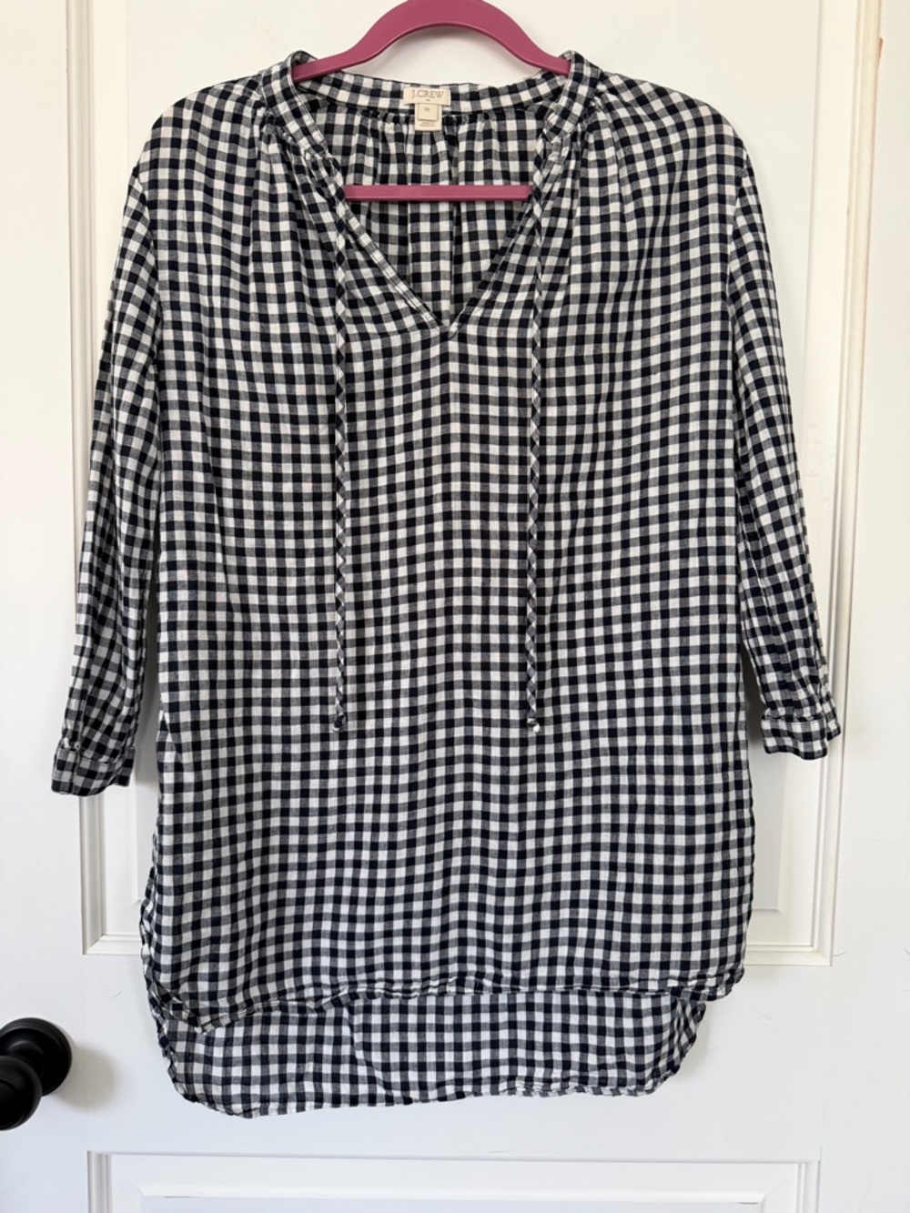 J. Crew Gingham tunic top. Navy & White. Linen & cotton blend Size XS 3/4 sleeve